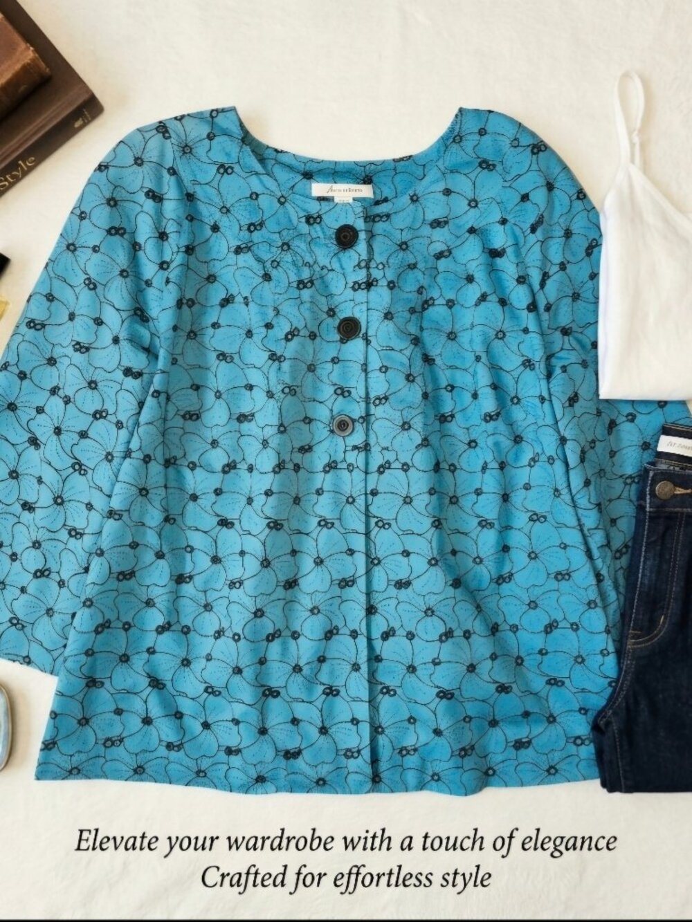 JM Collection Floral Embroidered Button Front Lined Blouse Jacket Cotton Blue 12